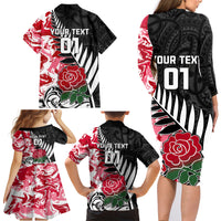 Custom New Zealand and England Rugby Family Matching Long Sleeve Bodycon Dress and Hawaiian Shirt Silver Fern With Red Rose World Cup 2023 - Wonder Print Shop