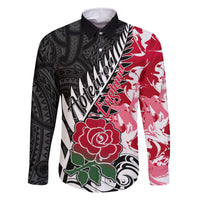 Custom New Zealand and England Rugby Family Matching Long Sleeve Bodycon Dress and Hawaiian Shirt Silver Fern With Red Rose World Cup 2023 - Wonder Print Shop