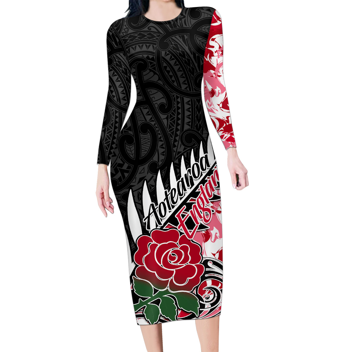 Custom New Zealand and England Rugby Family Matching Long Sleeve Bodycon Dress and Hawaiian Shirt Silver Fern With Red Rose World Cup 2023 - Wonder Print Shop