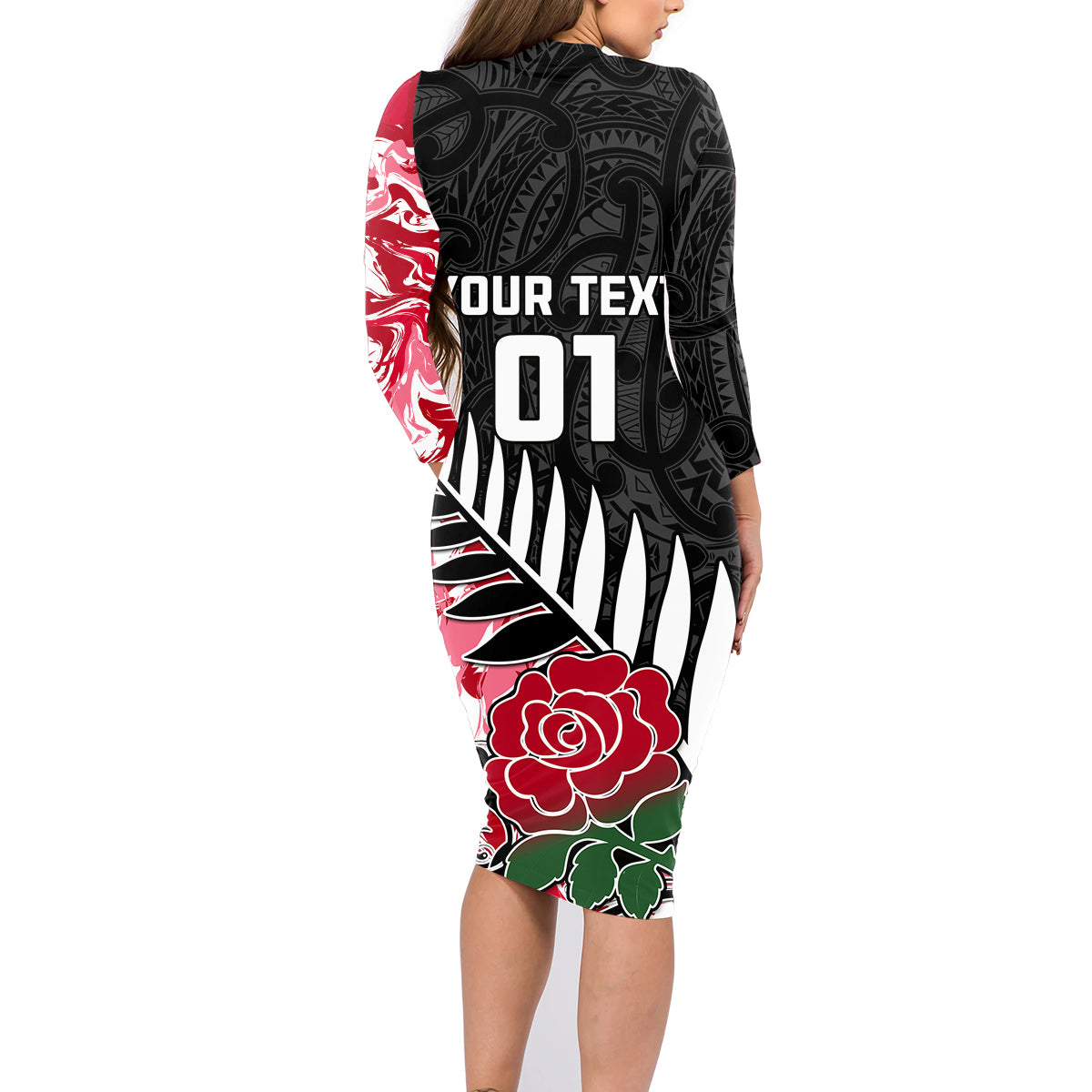 Custom New Zealand and England Rugby Family Matching Long Sleeve Bodycon Dress and Hawaiian Shirt Silver Fern With Red Rose World Cup 2023 - Wonder Print Shop