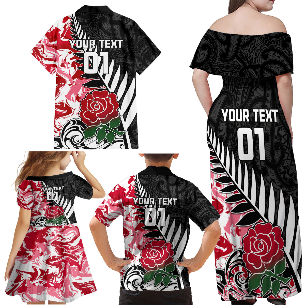Custom New Zealand and England Rugby Family Matching Off Shoulder Maxi Dress and Hawaiian Shirt Silver Fern With Red Rose World Cup 2023 - Wonder Print Shop