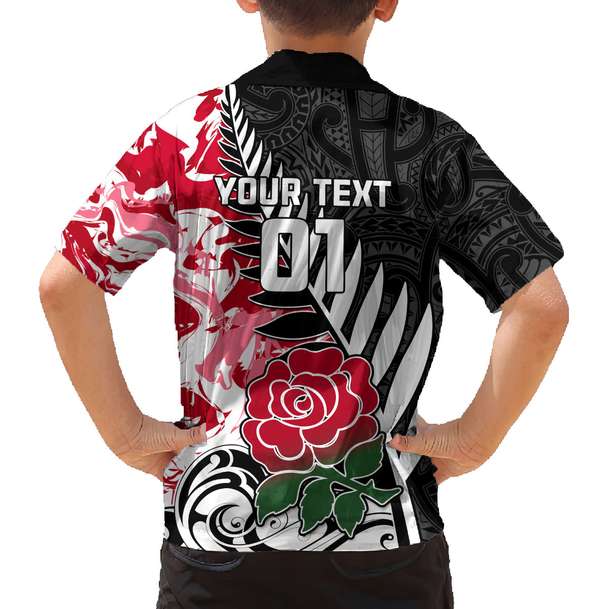 Custom New Zealand and England Rugby Family Matching Off Shoulder Short Dress and Hawaiian Shirt Silver Fern With Red Rose World Cup 2023 - Wonder Print Shop