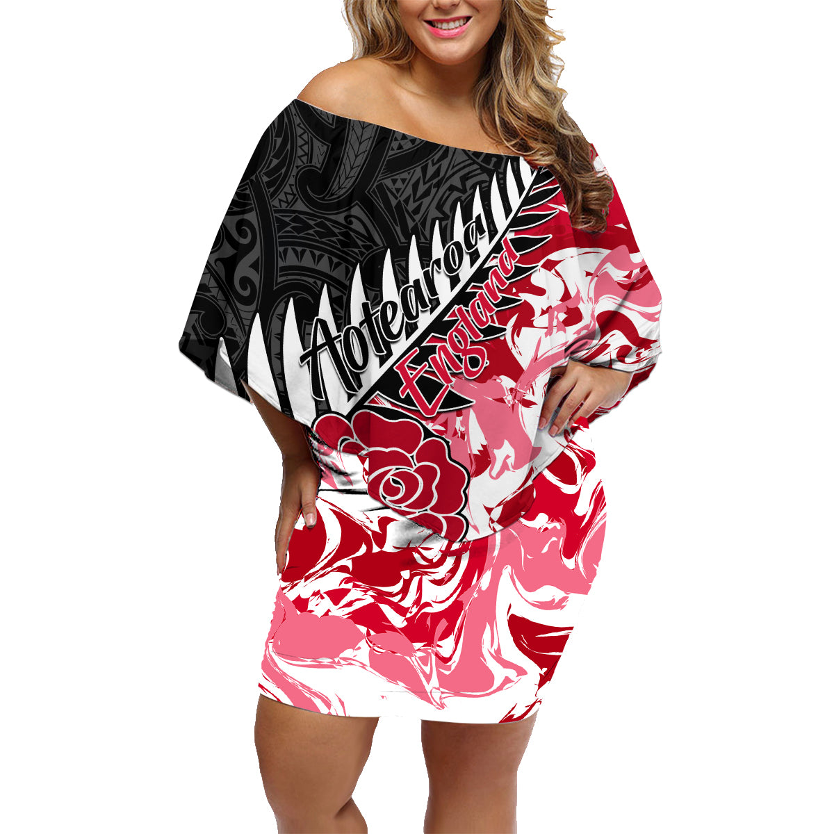 Custom New Zealand and England Rugby Family Matching Off Shoulder Short Dress and Hawaiian Shirt Silver Fern With Red Rose World Cup 2023 - Wonder Print Shop