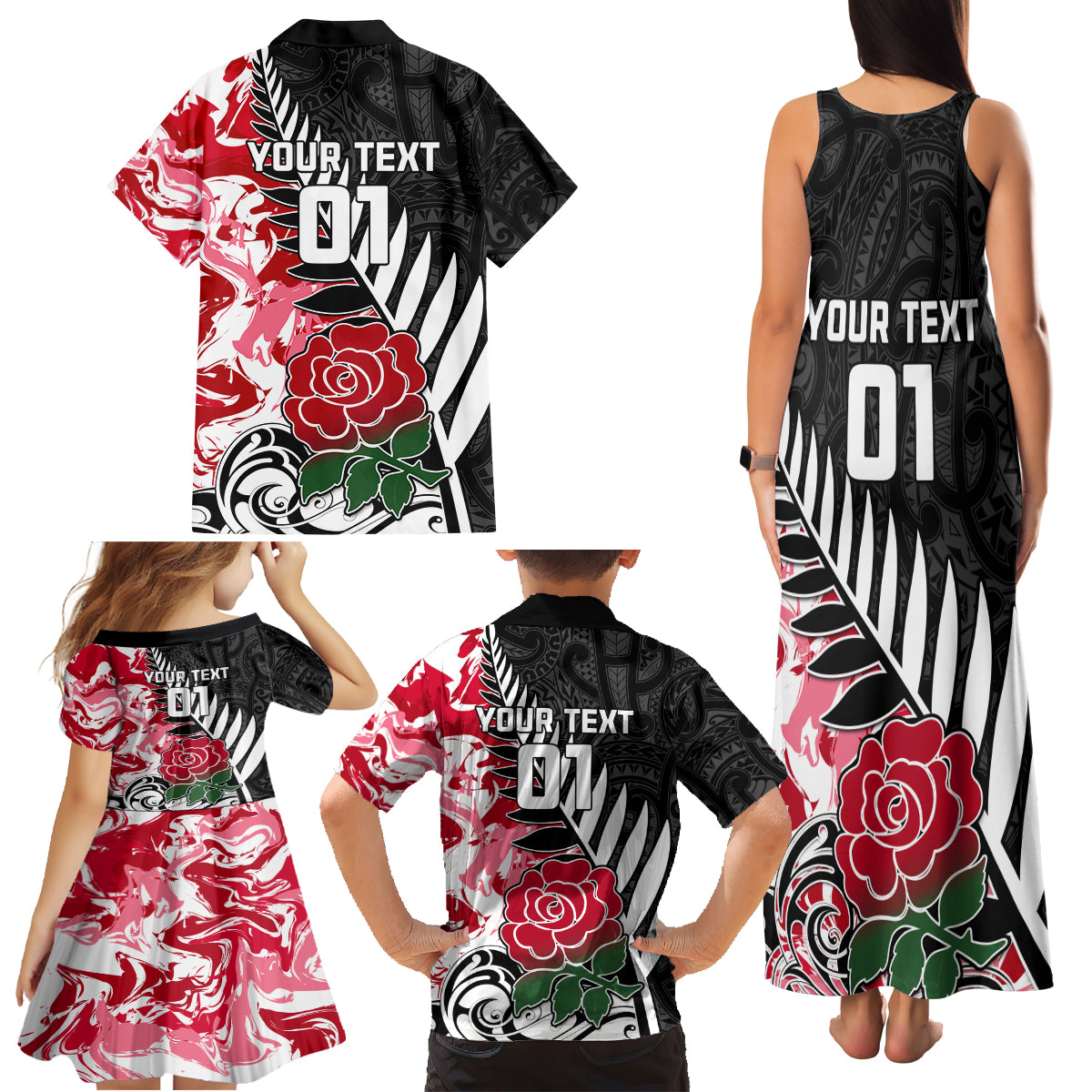 Custom New Zealand and England Rugby Family Matching Tank Maxi Dress and Hawaiian Shirt Silver Fern With Red Rose World Cup 2023 - Wonder Print Shop