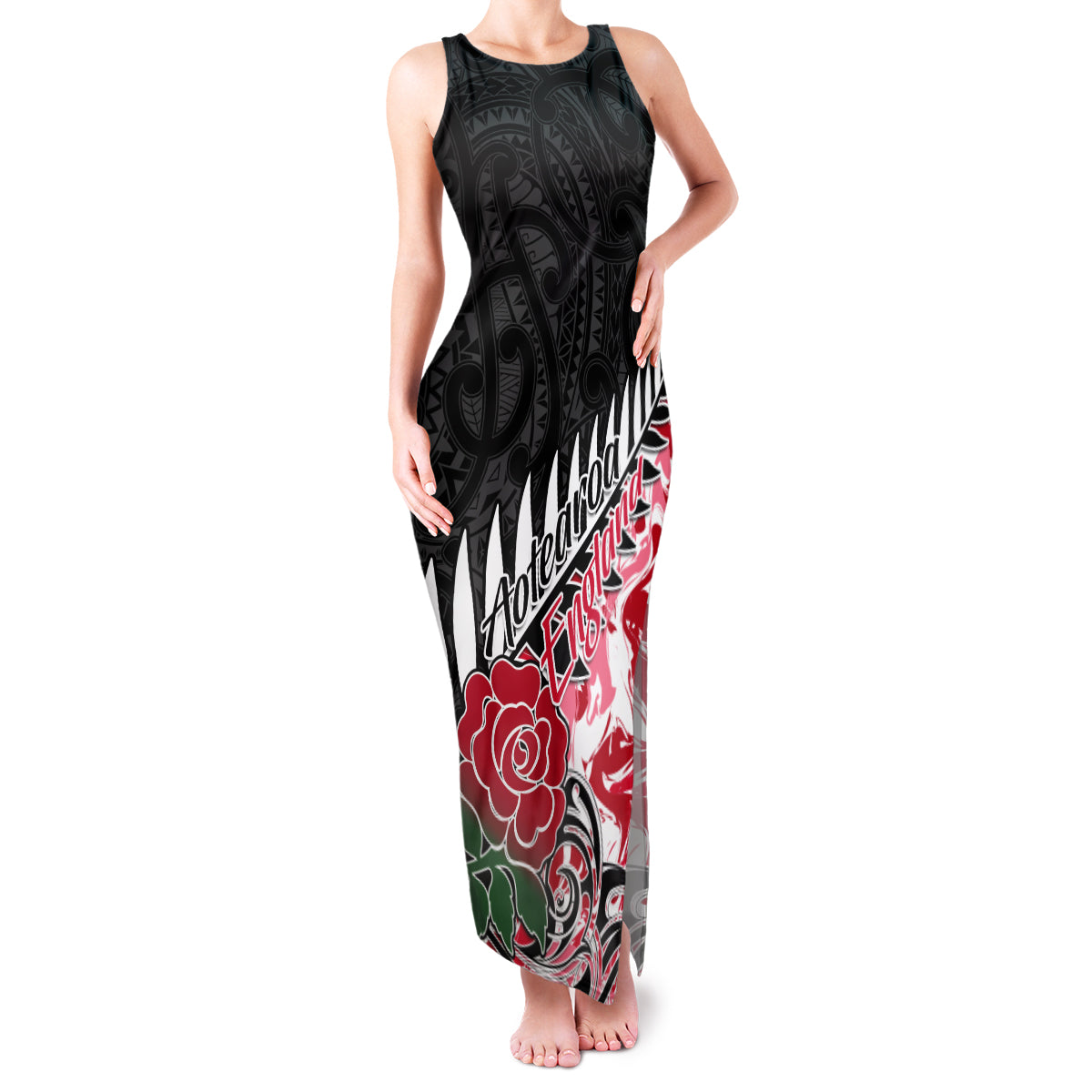 Custom New Zealand and England Rugby Family Matching Tank Maxi Dress and Hawaiian Shirt Silver Fern With Red Rose World Cup 2023 - Wonder Print Shop