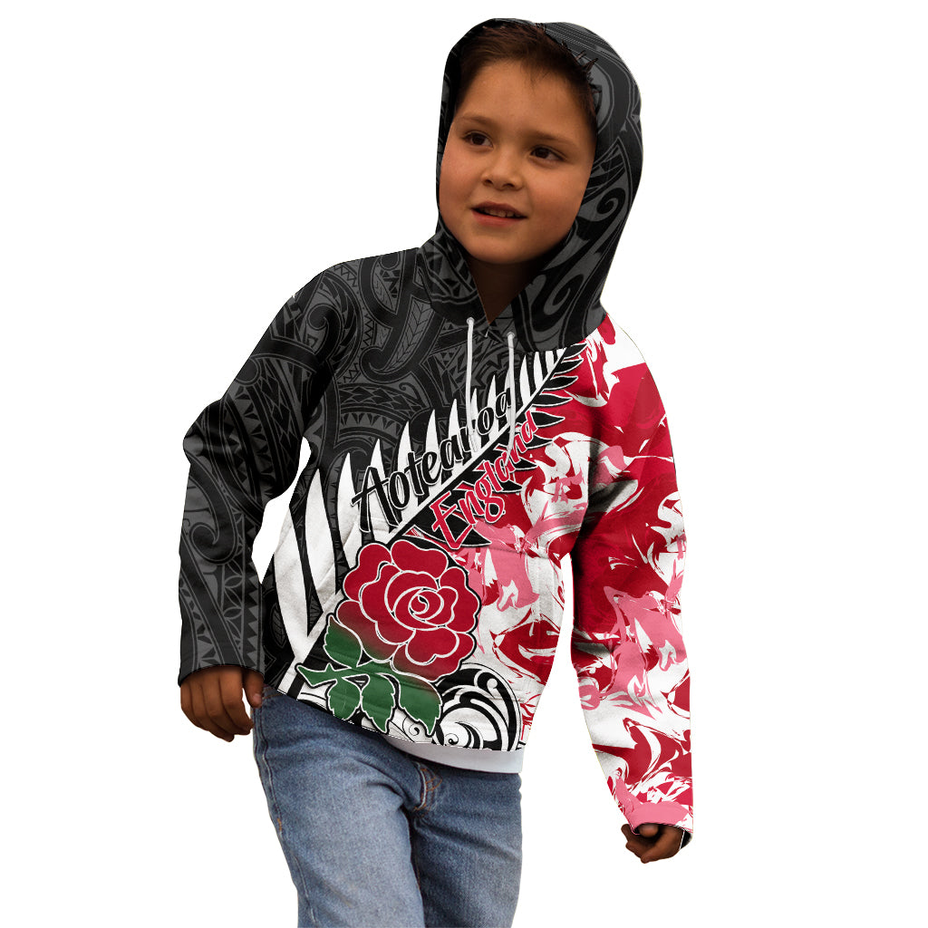 Custom New Zealand and England Rugby Kid Hoodie Silver Fern With Red Rose World Cup 2023 - Wonder Print Shop