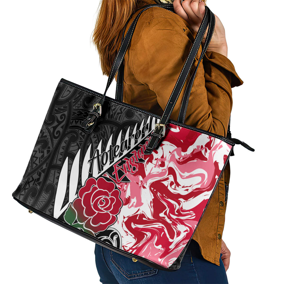 Custom New Zealand and England Rugby Leather Tote Bag Silver Fern With Red Rose World Cup 2023 - Wonder Print Shop