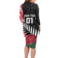 Custom New Zealand and England Rugby Long Sleeve Bodycon Dress Silver Fern With Red Rose World Cup 2023 - Wonder Print Shop