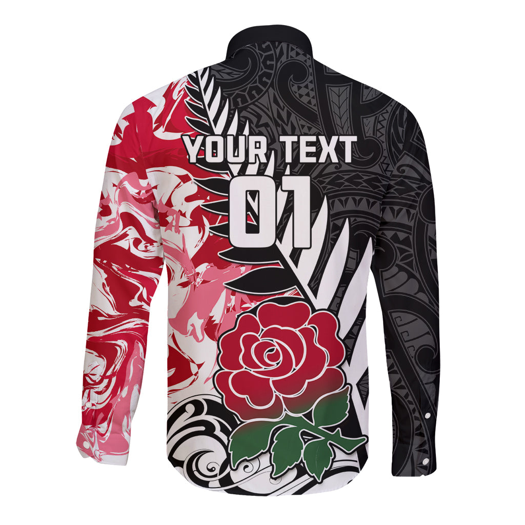 Custom New Zealand and England Rugby Long Sleeve Button Shirt Silver Fern With Red Rose World Cup 2023 - Wonder Print Shop