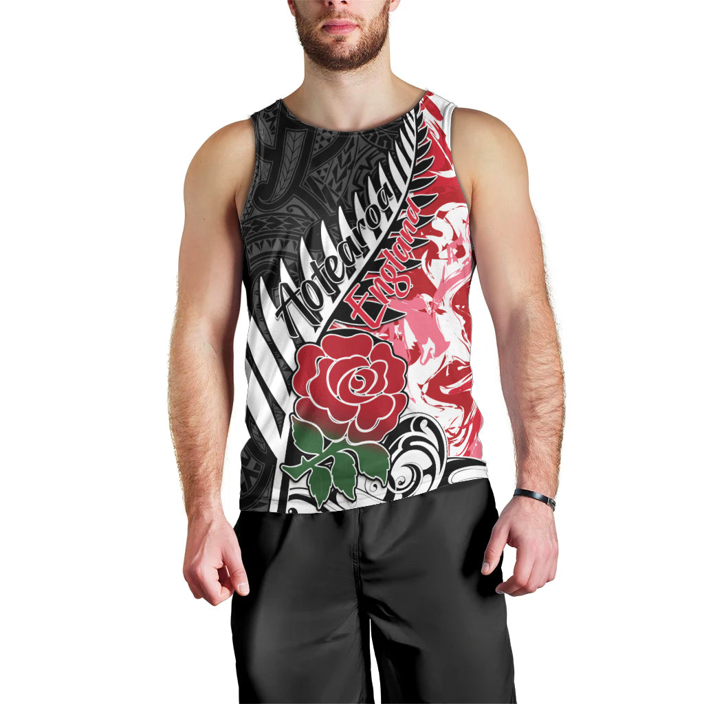 Custom New Zealand and England Rugby Men Tank Top Silver Fern With Red Rose World Cup 2023 - Wonder Print Shop