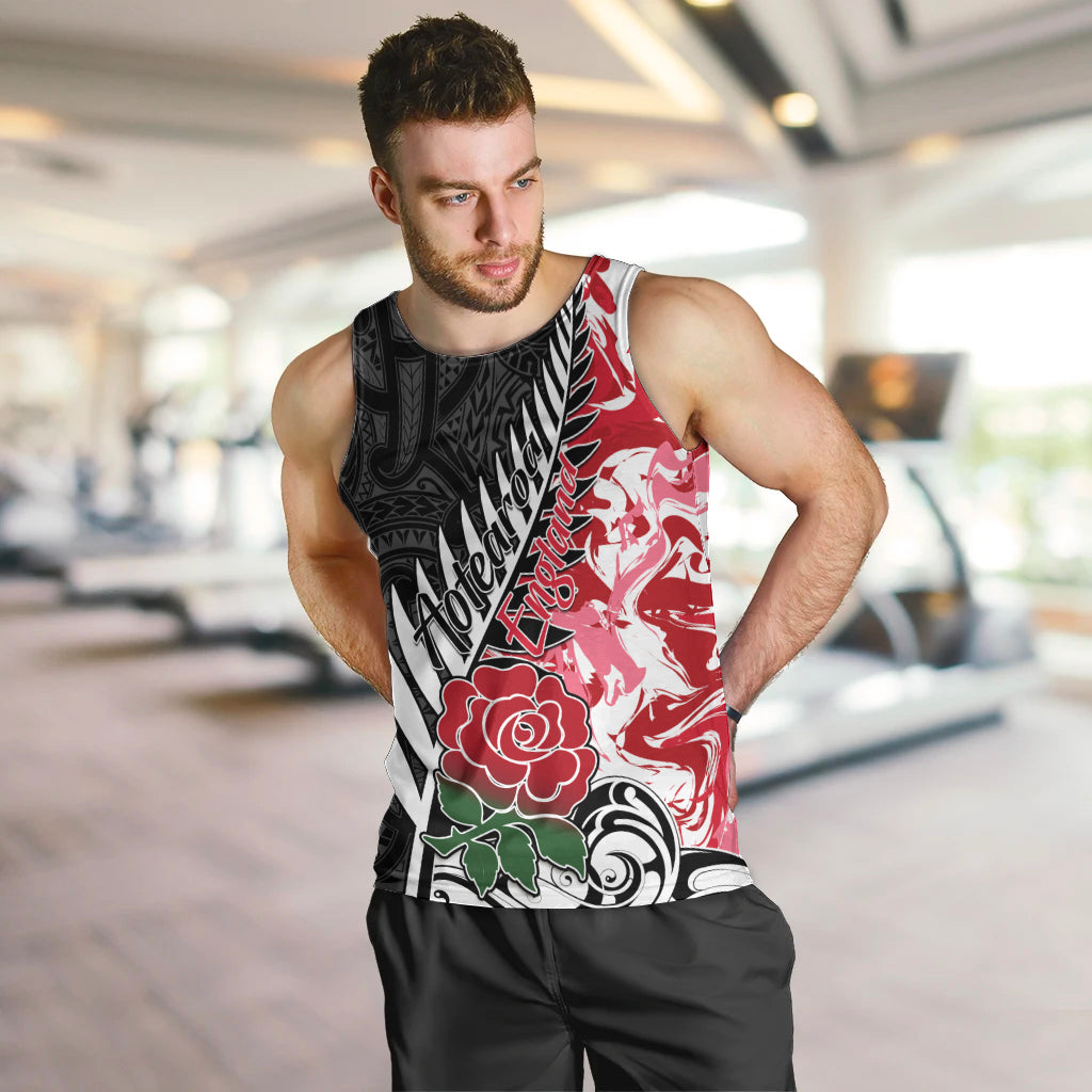 Custom New Zealand and England Rugby Men Tank Top Silver Fern With Red Rose World Cup 2023 - Wonder Print Shop