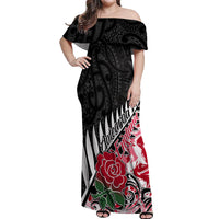 Custom New Zealand and England Rugby Off Shoulder Maxi Dress Silver Fern With Red Rose World Cup 2023 - Wonder Print Shop