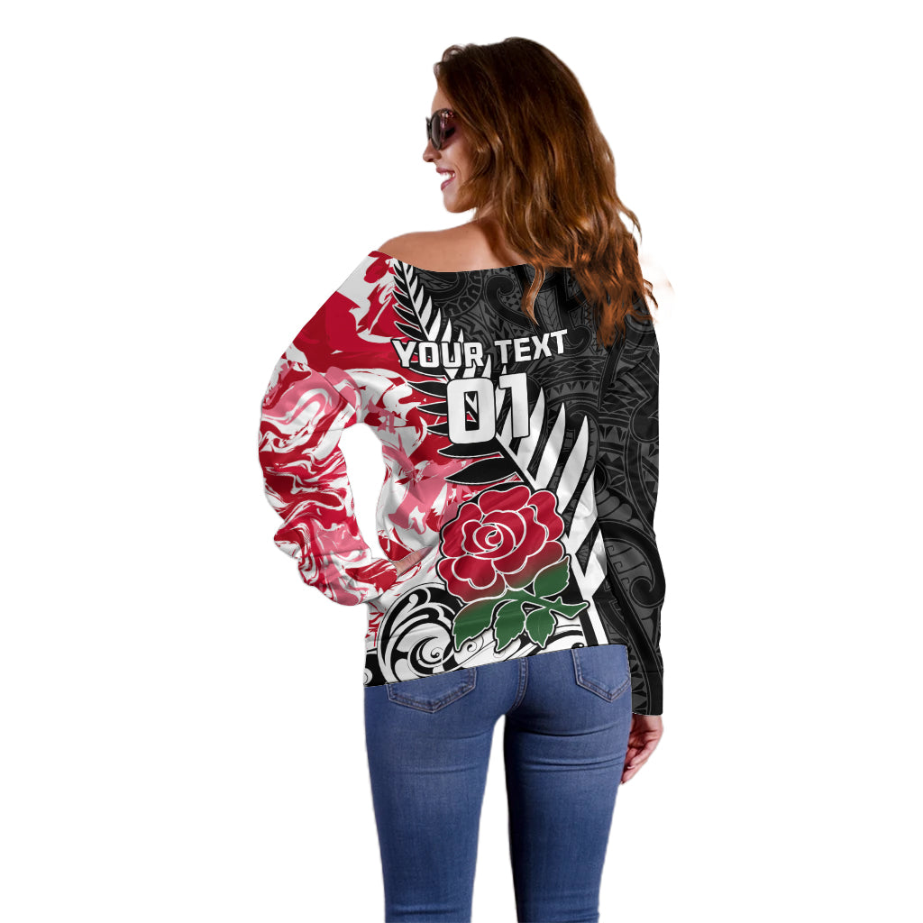 Custom New Zealand and England Rugby Off Shoulder Sweater Silver Fern With Red Rose World Cup 2023 - Wonder Print Shop