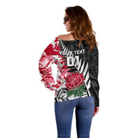Custom New Zealand and England Rugby Off Shoulder Sweater Silver Fern With Red Rose World Cup 2023 - Wonder Print Shop