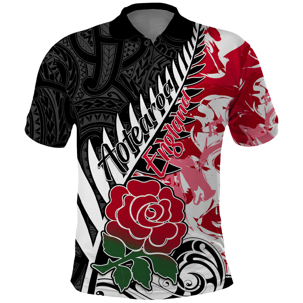 Custom New Zealand and England Rugby Polo Shirt Silver Fern With Red Rose World Cup 2023 - Wonder Print Shop