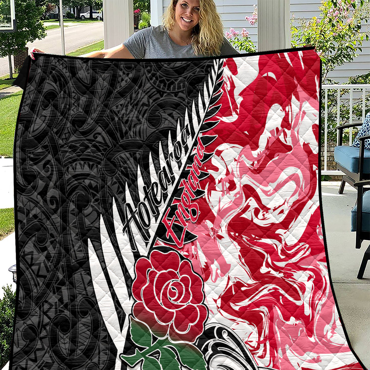 Custom New Zealand and England Rugby Quilt Silver Fern With Red Rose World Cup 2023 - Wonder Print Shop