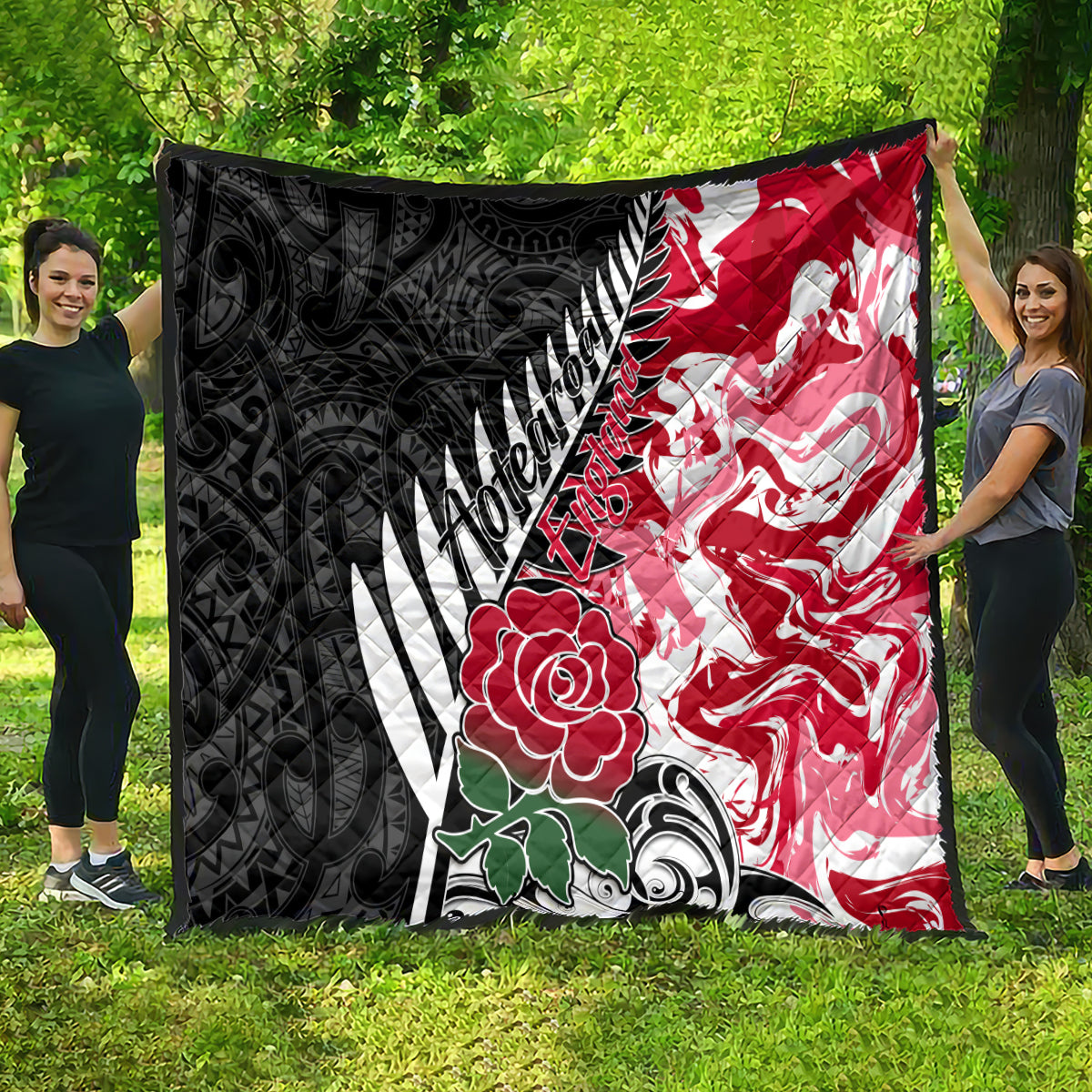 Custom New Zealand and England Rugby Quilt Silver Fern With Red Rose World Cup 2023 - Wonder Print Shop