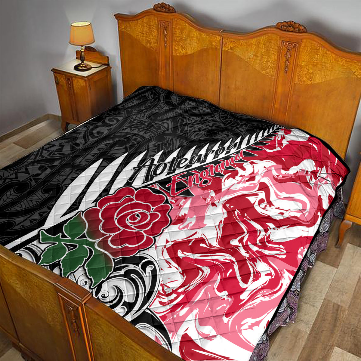 Custom New Zealand and England Rugby Quilt Silver Fern With Red Rose World Cup 2023 - Wonder Print Shop