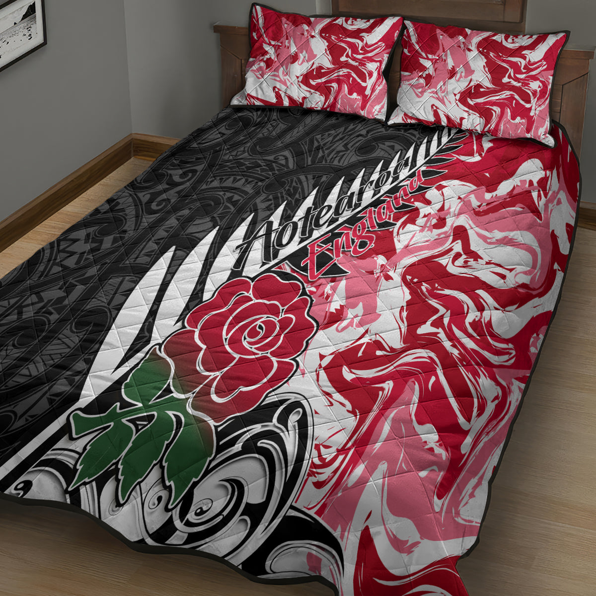 Custom New Zealand and England Rugby Quilt Bed Set Silver Fern With Red Rose World Cup 2023 - Wonder Print Shop