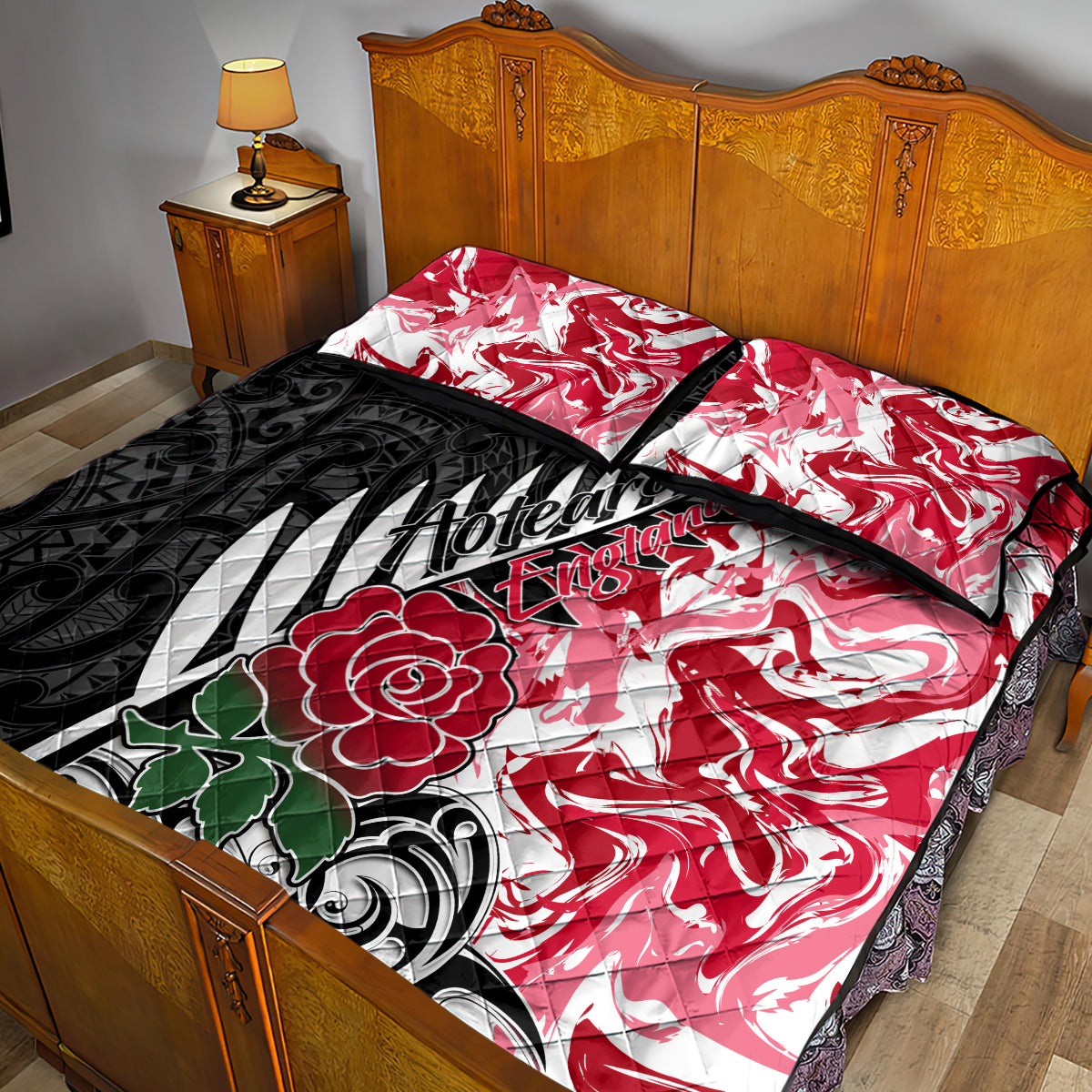 Custom New Zealand and England Rugby Quilt Bed Set Silver Fern With Red Rose World Cup 2023 - Wonder Print Shop