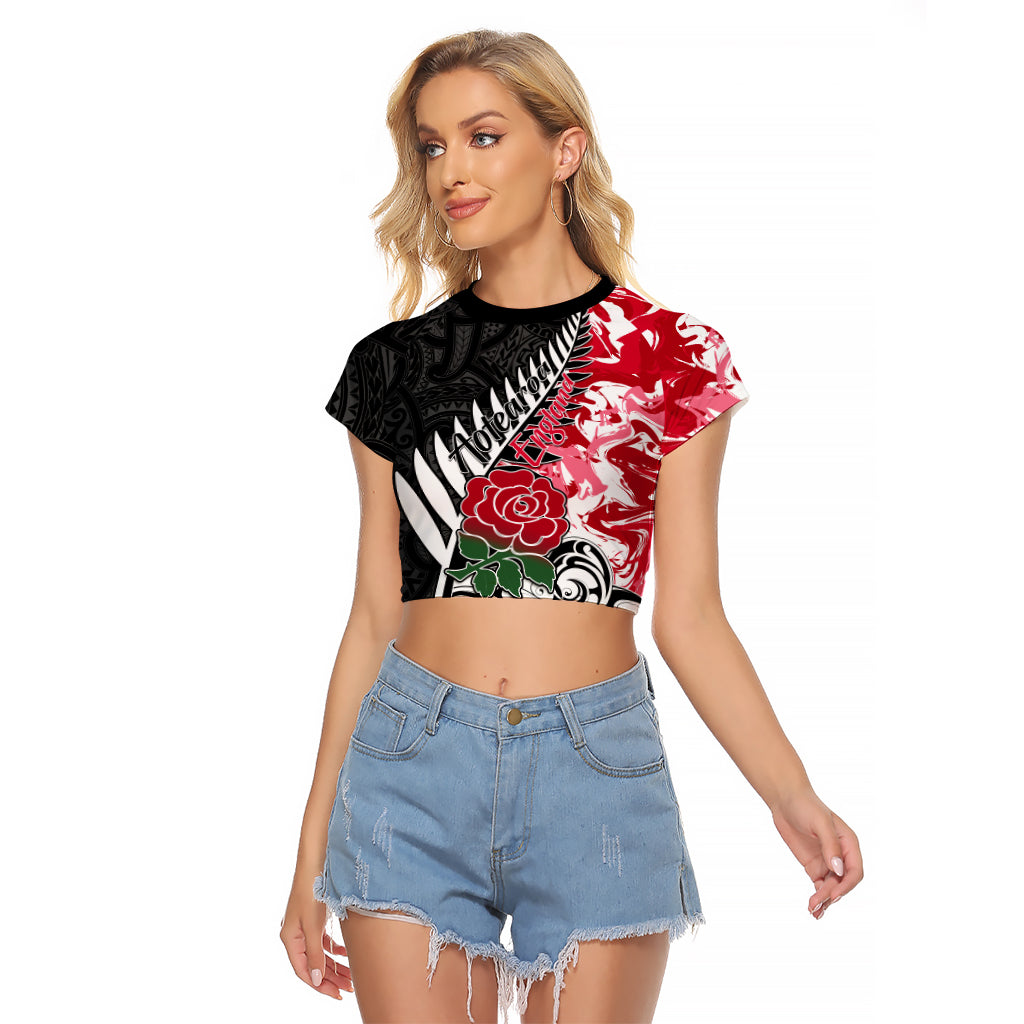 Custom New Zealand and England Rugby Raglan Cropped T Shirt Silver Fern With Red Rose World Cup 2023 - Wonder Print Shop