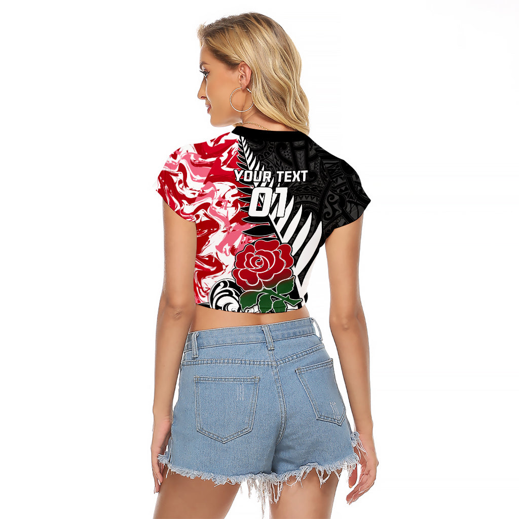 Custom New Zealand and England Rugby Raglan Cropped T Shirt Silver Fern With Red Rose World Cup 2023 - Wonder Print Shop