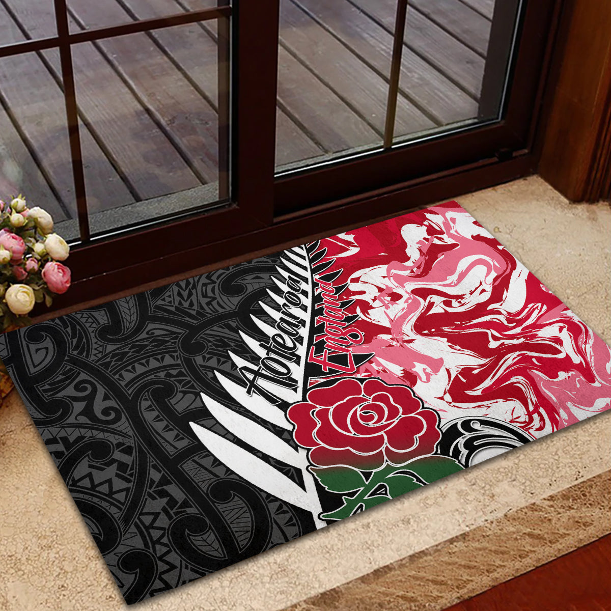 Custom New Zealand and England Rugby Rubber Doormat Silver Fern With Red Rose World Cup 2023 - Wonder Print Shop