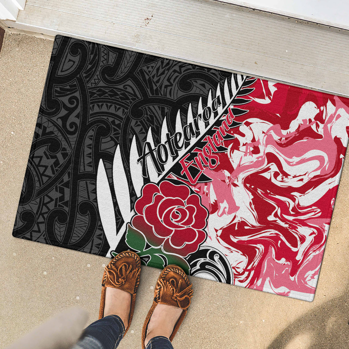 Custom New Zealand and England Rugby Rubber Doormat Silver Fern With Red Rose World Cup 2023 - Wonder Print Shop