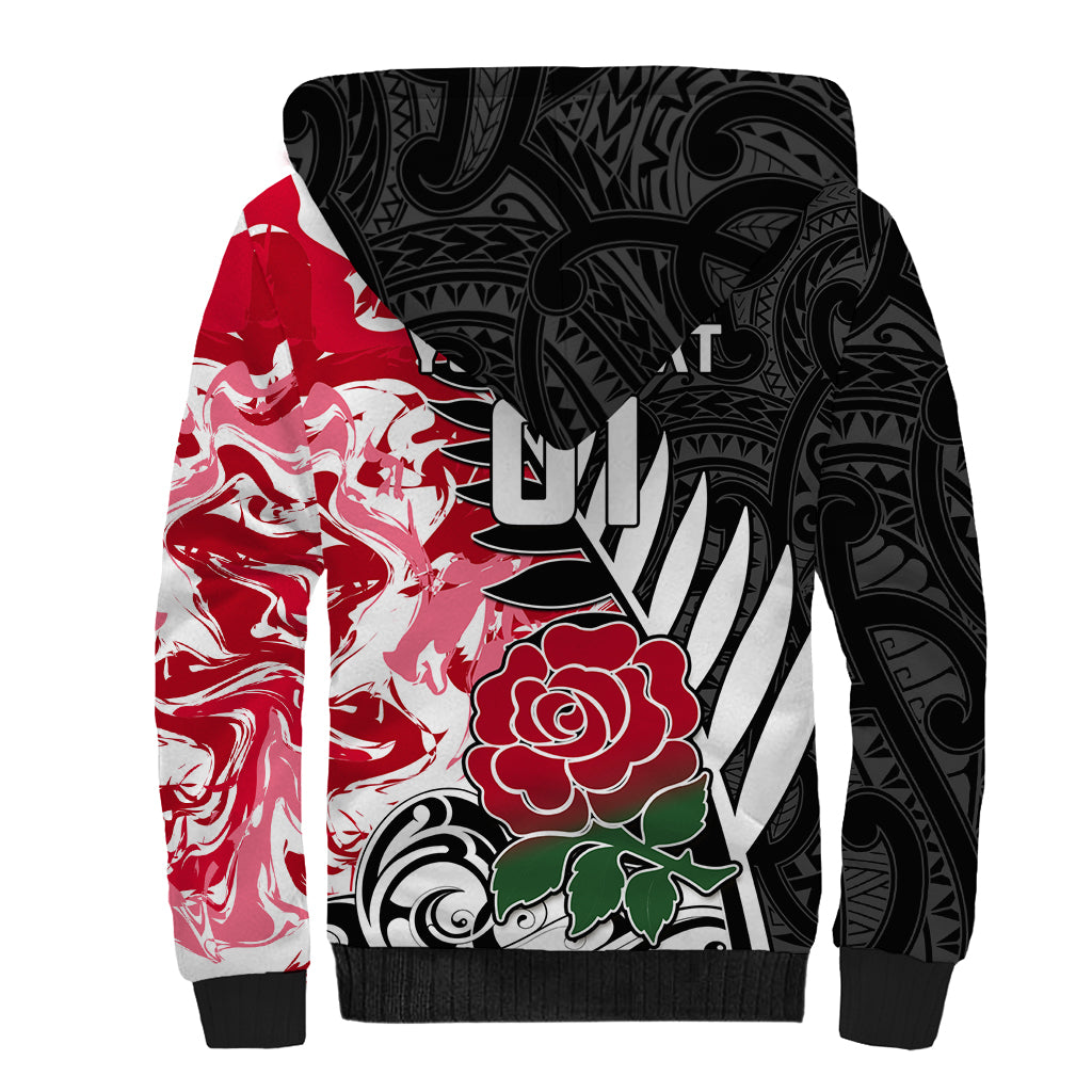 Custom New Zealand and England Rugby Sherpa Hoodie Silver Fern With Red Rose World Cup 2023 - Wonder Print Shop