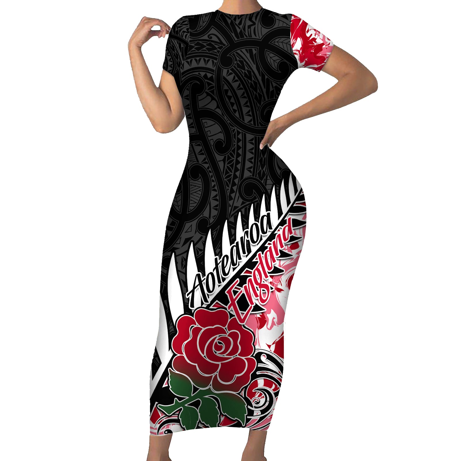Custom New Zealand and England Rugby Short Sleeve Bodycon Dress Silver Fern With Red Rose World Cup 2023 - Wonder Print Shop