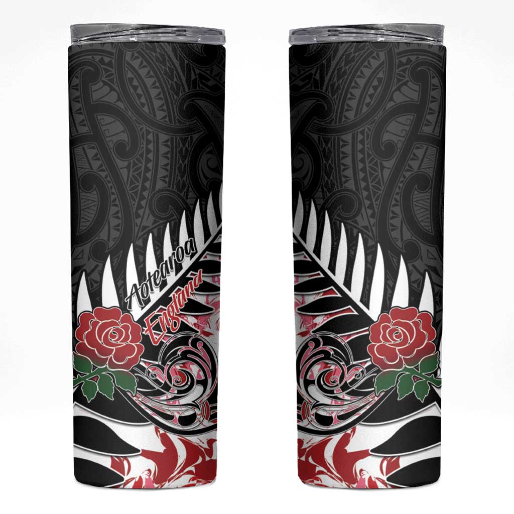 New Zealand and England Rugby Skinny Tumbler Silver Fern With Red Rose - Wonder Print Shop