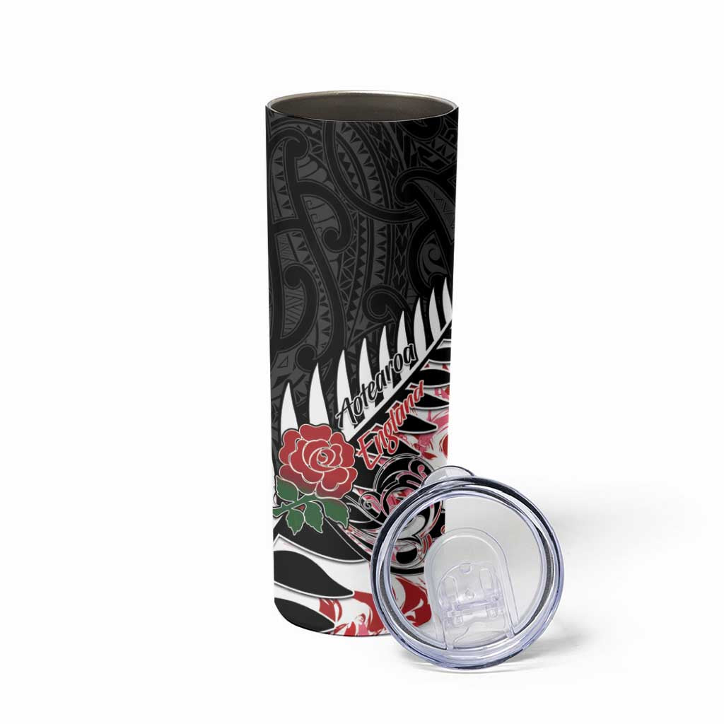 New Zealand and England Rugby Skinny Tumbler Silver Fern With Red Rose - Wonder Print Shop