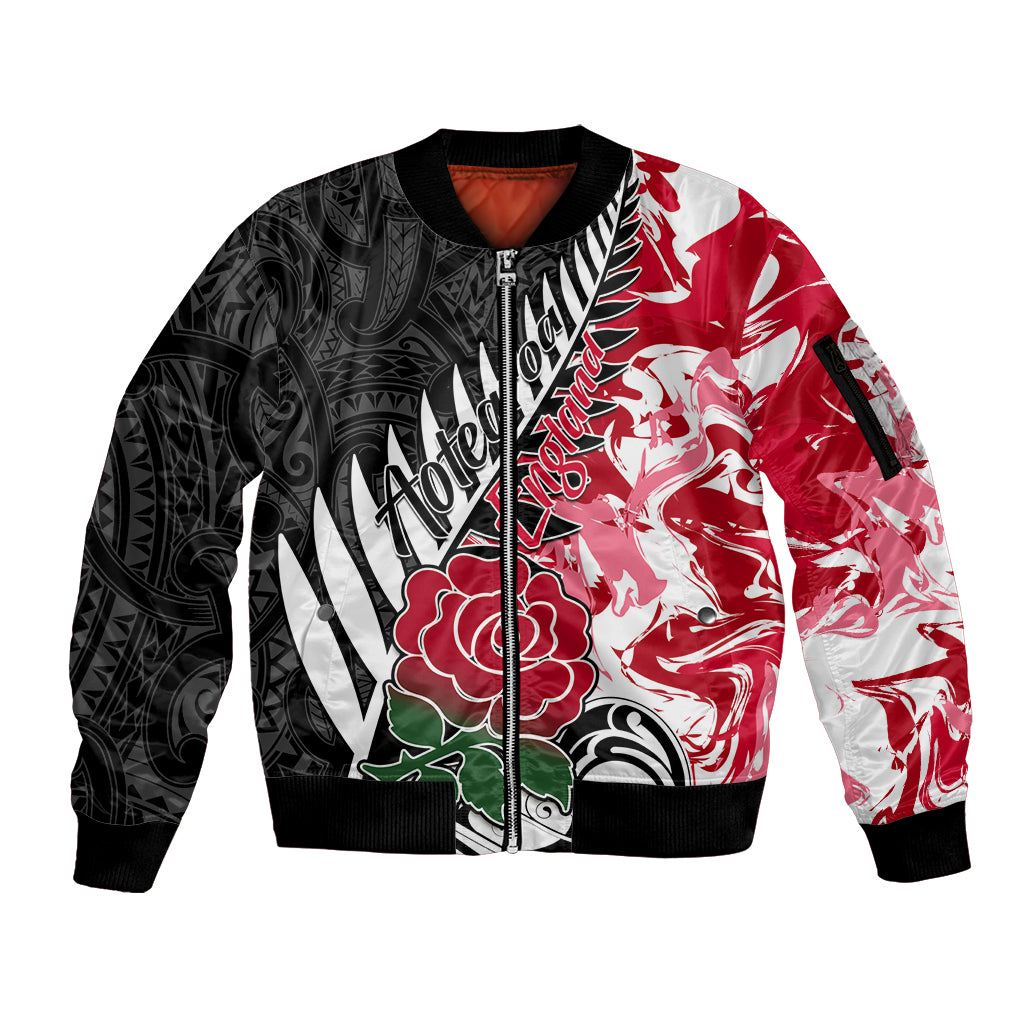 Custom New Zealand and England Rugby Sleeve Zip Bomber Jacket Silver Fern With Red Rose World Cup 2023 - Wonder Print Shop