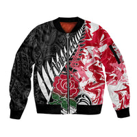 Custom New Zealand and England Rugby Sleeve Zip Bomber Jacket Silver Fern With Red Rose World Cup 2023 - Wonder Print Shop