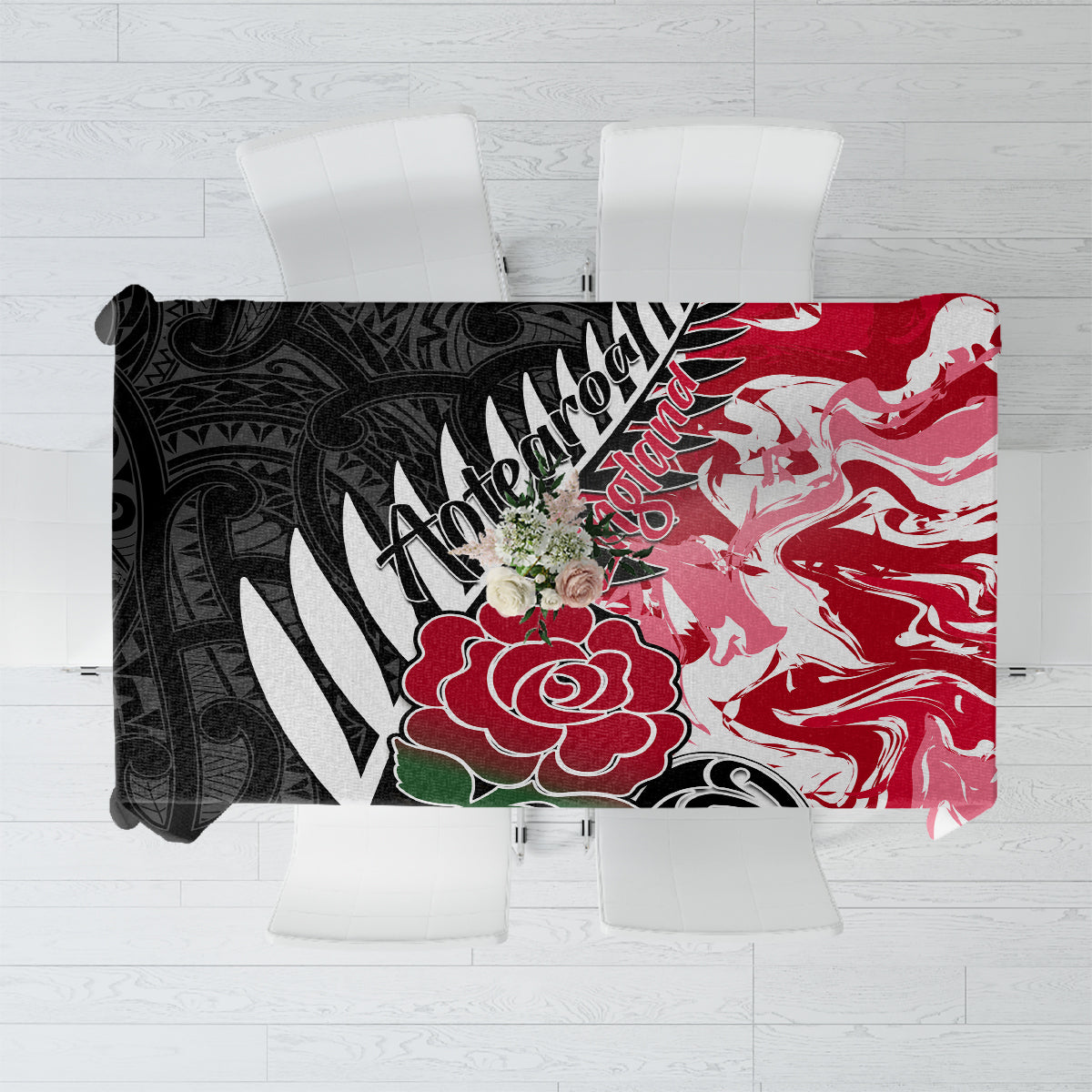 Custom New Zealand and England Rugby Tablecloth Silver Fern With Red Rose World Cup 2023 - Wonder Print Shop