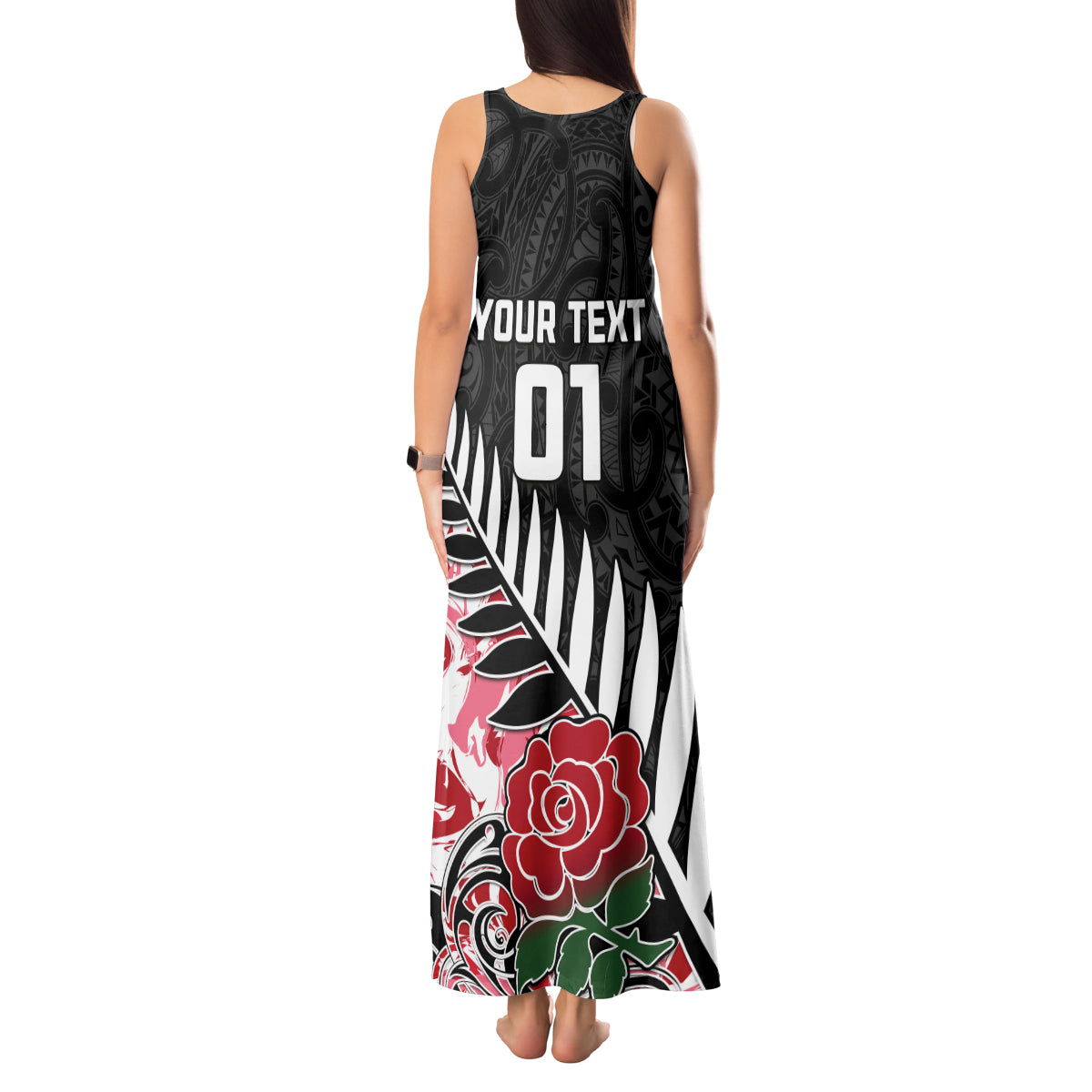 Custom New Zealand and England Rugby Tank Maxi Dress Silver Fern With Red Rose World Cup 2023 - Wonder Print Shop