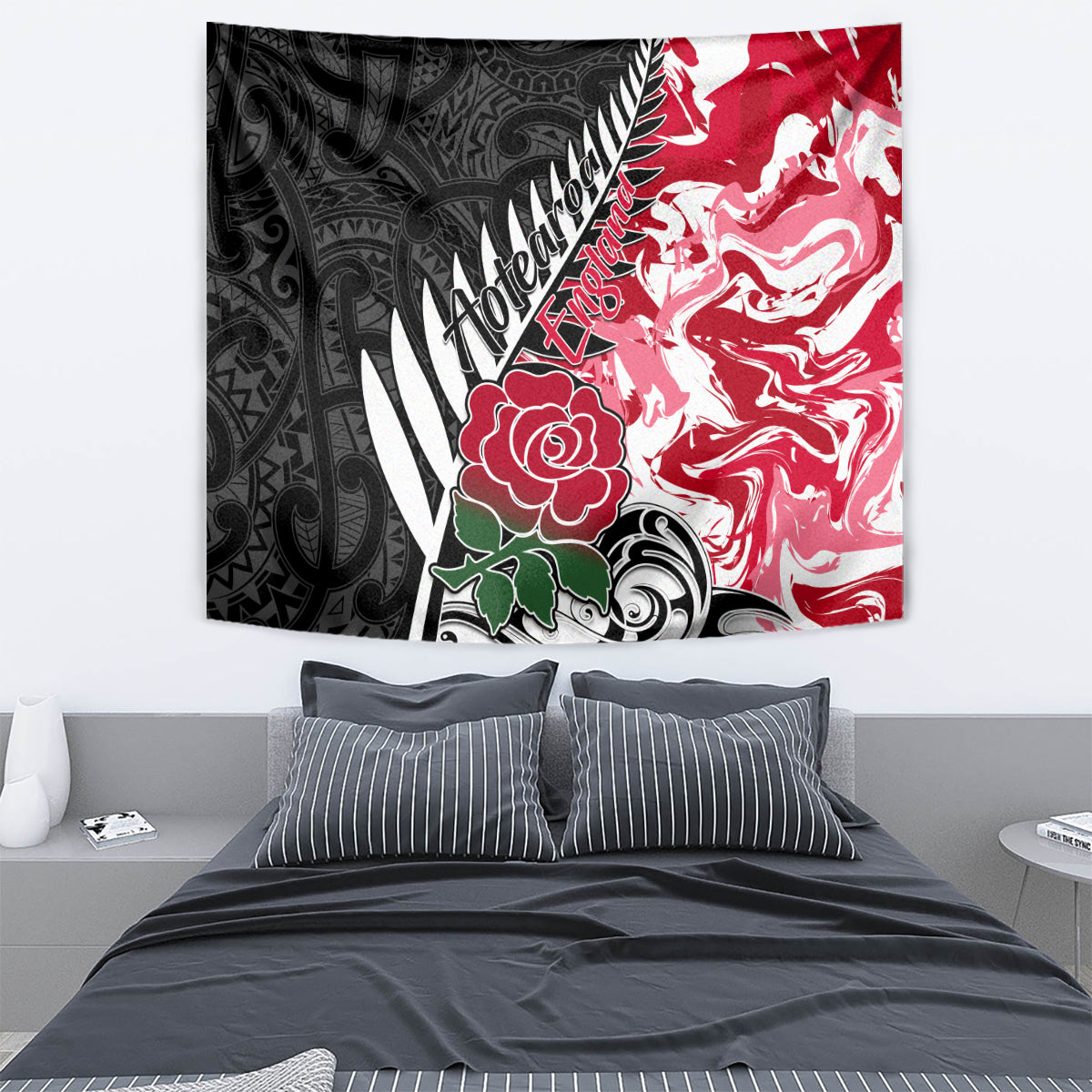 Custom New Zealand and England Rugby Tapestry Silver Fern With Red Rose World Cup 2023 - Wonder Print Shop