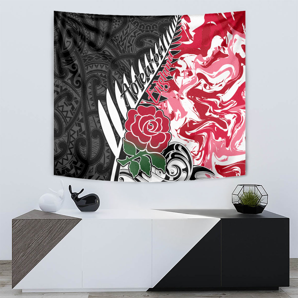 Custom New Zealand and England Rugby Tapestry Silver Fern With Red Rose World Cup 2023 - Wonder Print Shop