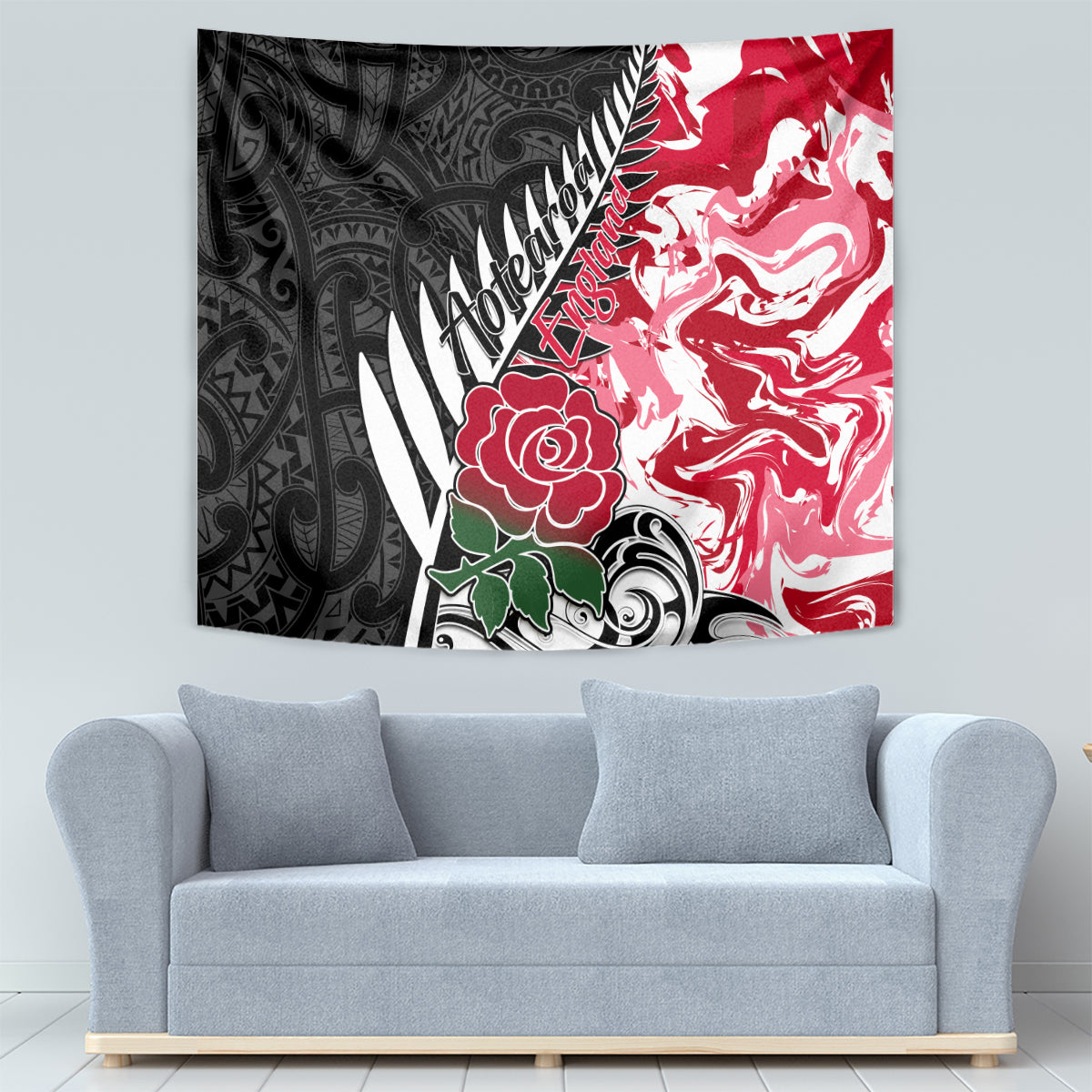 Custom New Zealand and England Rugby Tapestry Silver Fern With Red Rose World Cup 2023 - Wonder Print Shop