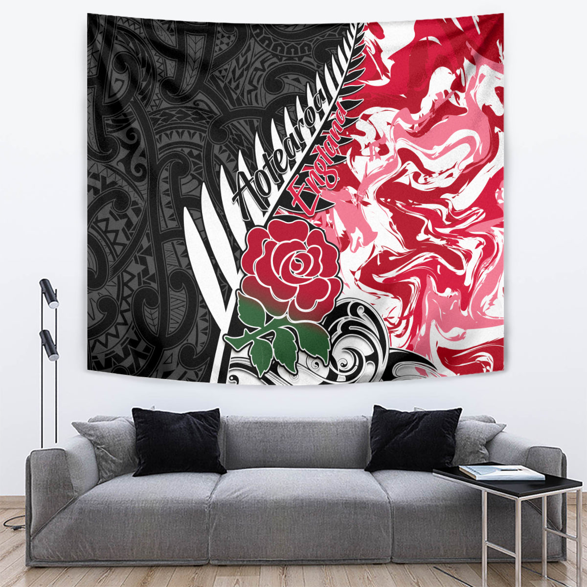Custom New Zealand and England Rugby Tapestry Silver Fern With Red Rose World Cup 2023 - Wonder Print Shop