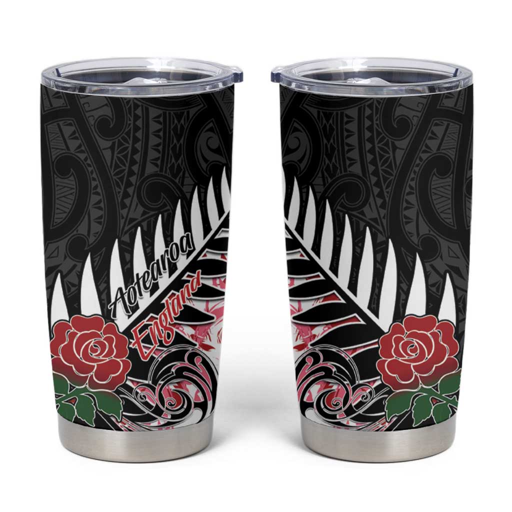 New Zealand and England Rugby Tumbler Cup Silver Fern With Red Rose - Wonder Print Shop