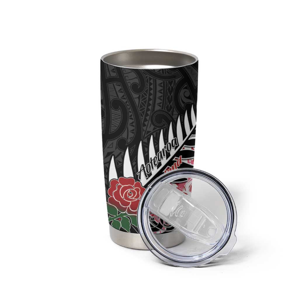 New Zealand and England Rugby Tumbler Cup Silver Fern With Red Rose - Wonder Print Shop