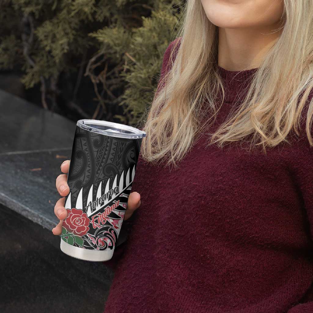 New Zealand and England Rugby Tumbler Cup Silver Fern With Red Rose - Wonder Print Shop
