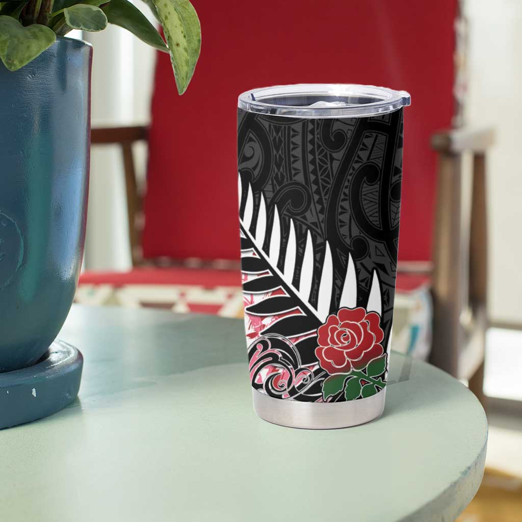 New Zealand and England Rugby Tumbler Cup Silver Fern With Red Rose - Wonder Print Shop