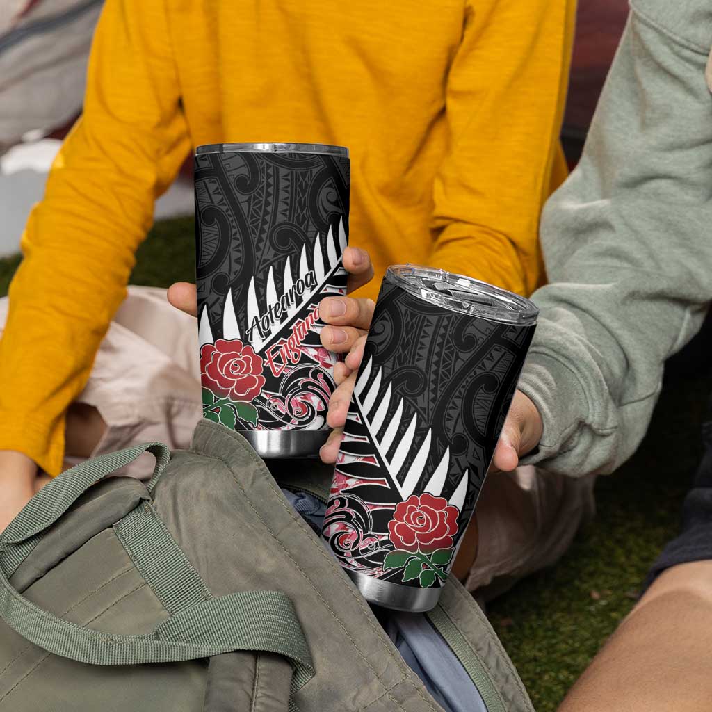New Zealand and England Rugby Tumbler Cup Silver Fern With Red Rose - Wonder Print Shop