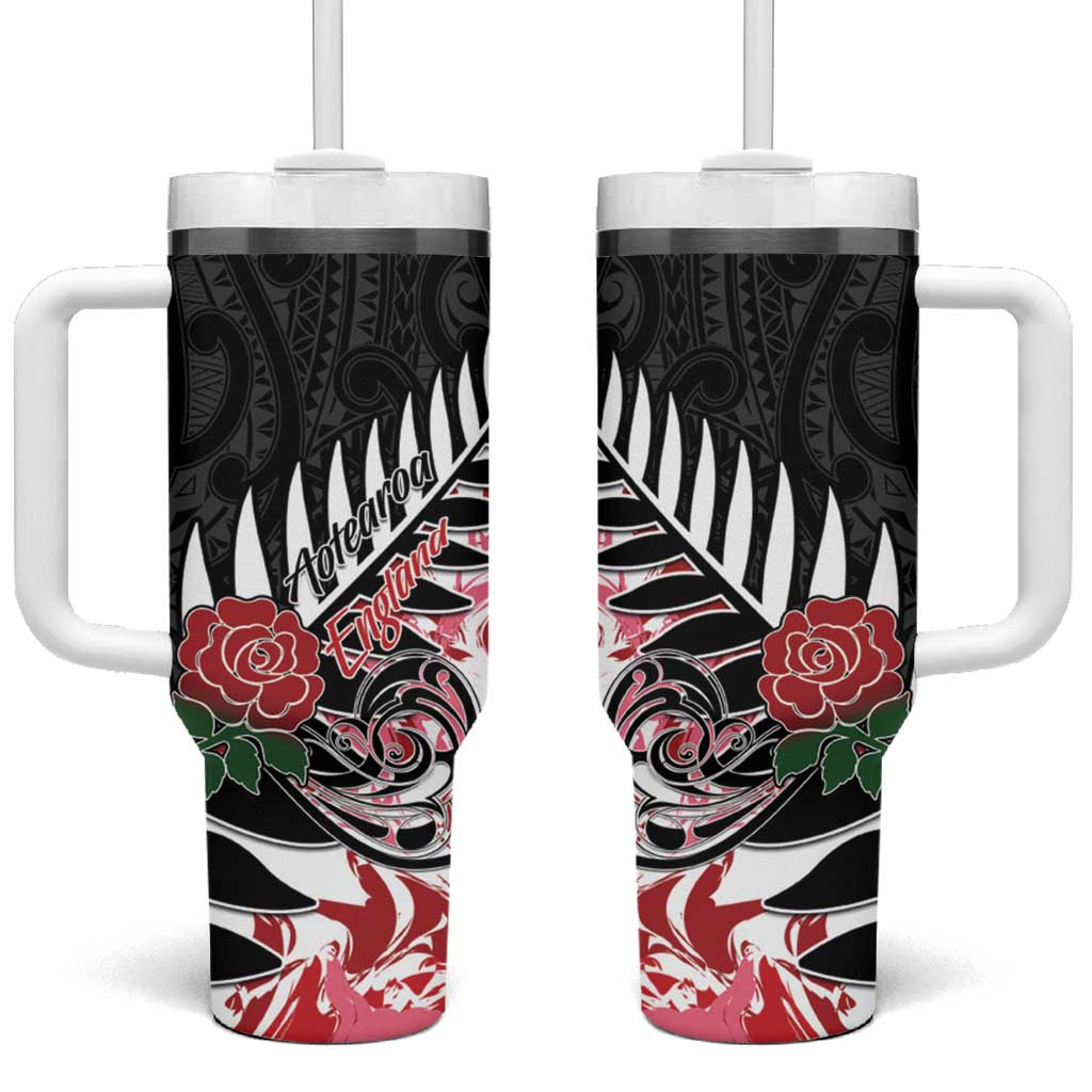New Zealand and England Rugby Tumbler With Handle Silver Fern With Red Rose - Wonder Print Shop