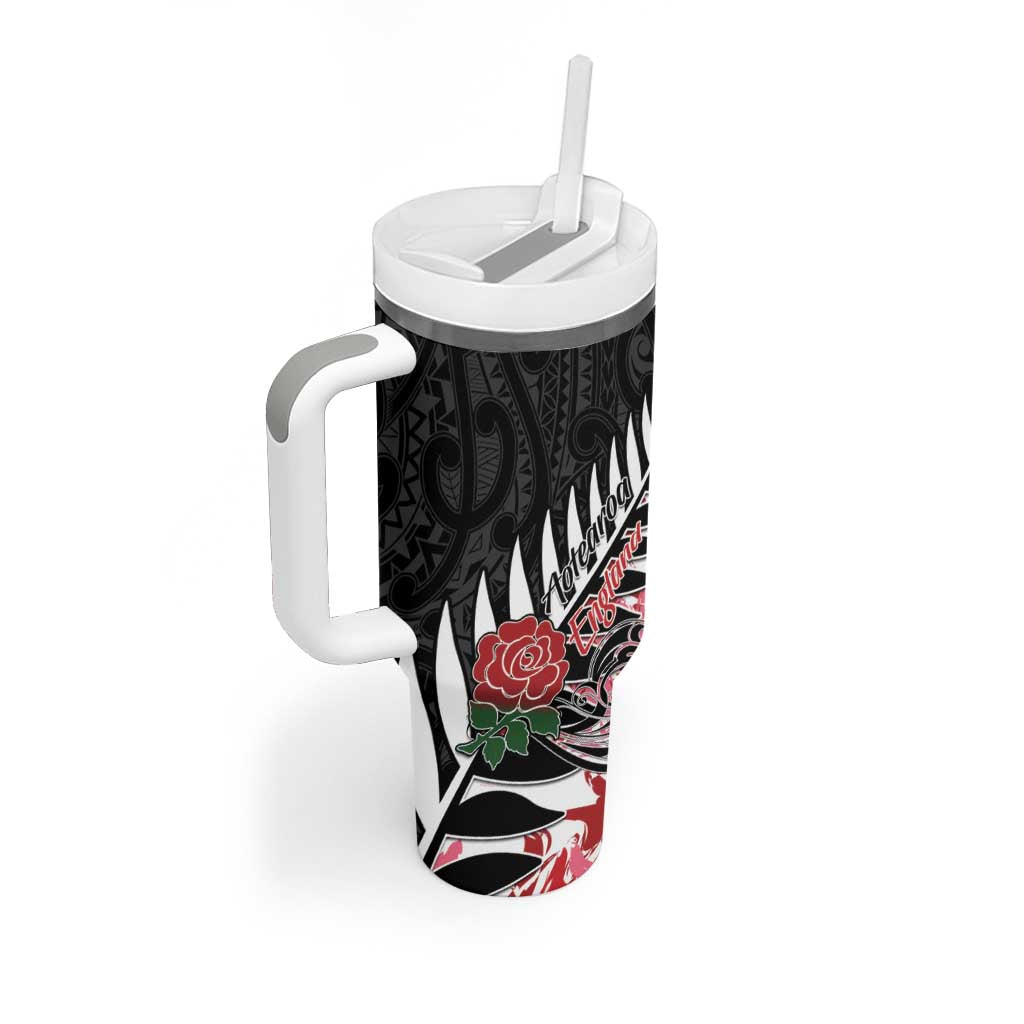 New Zealand and England Rugby Tumbler With Handle Silver Fern With Red Rose - Wonder Print Shop