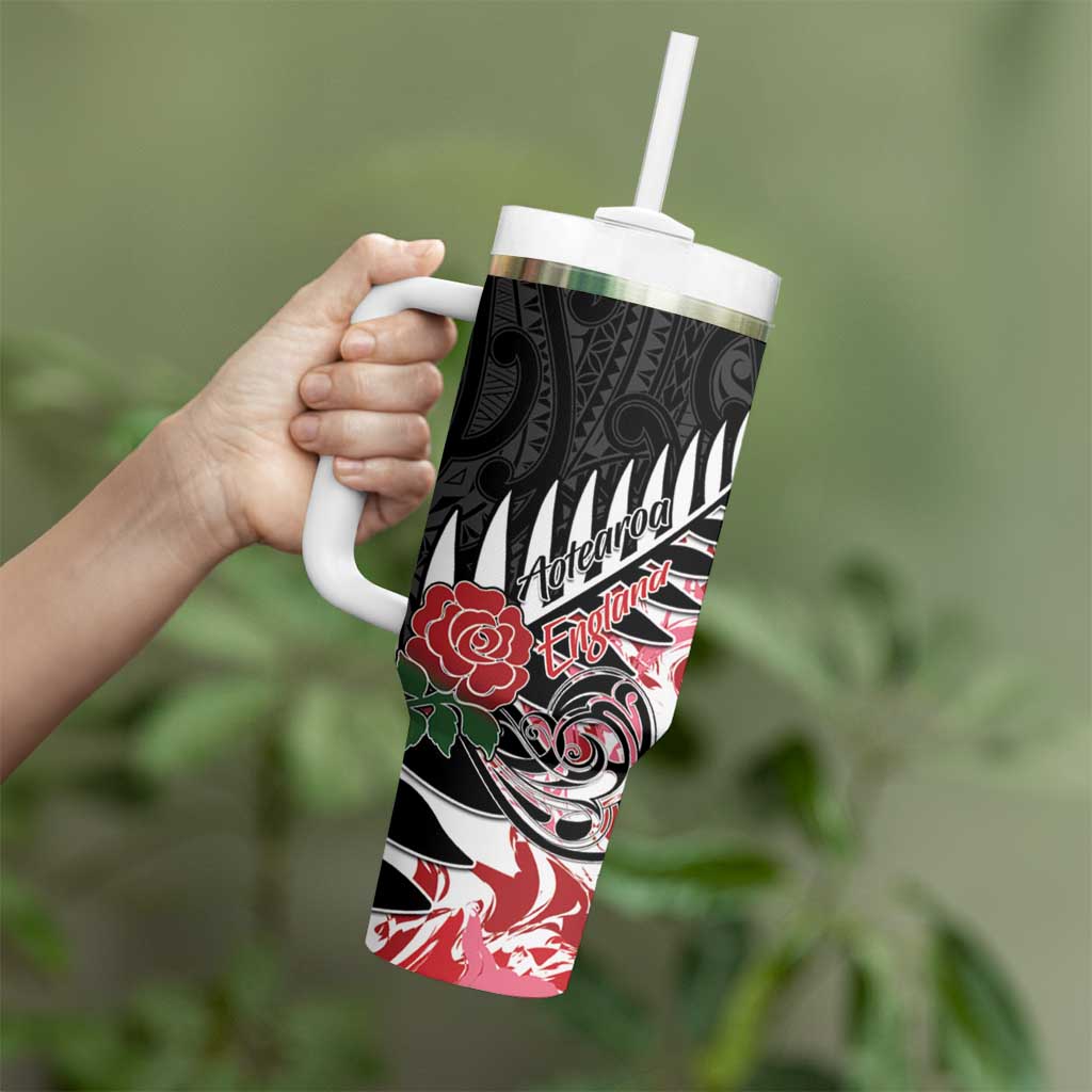 New Zealand and England Rugby Tumbler With Handle Silver Fern With Red Rose - Wonder Print Shop