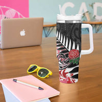 New Zealand and England Rugby Tumbler With Handle Silver Fern With Red Rose - Wonder Print Shop