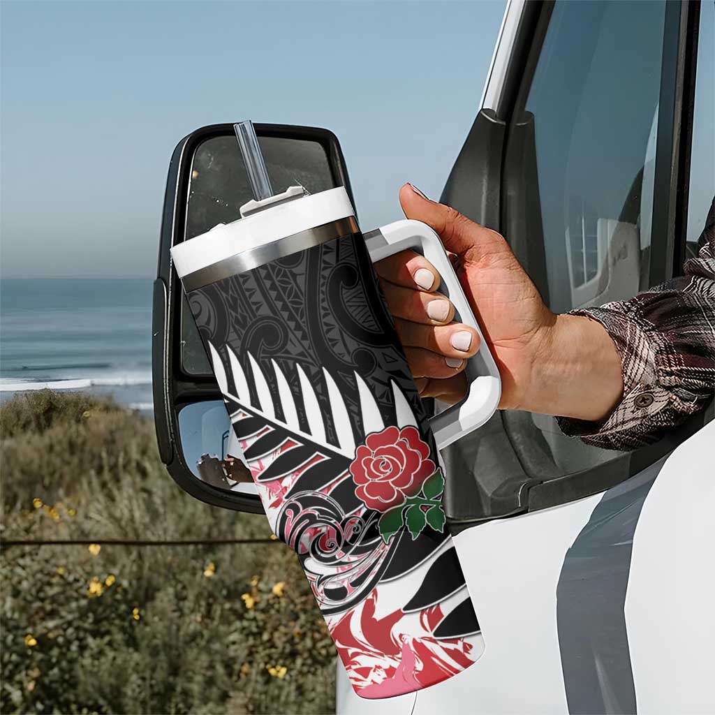 New Zealand and England Rugby Tumbler With Handle Silver Fern With Red Rose - Wonder Print Shop